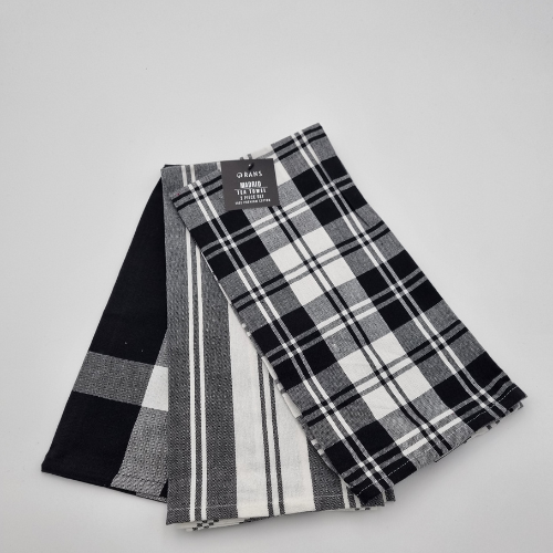 RANS Madrid Stripe & Check Tea Towels | 3 piece set | Black