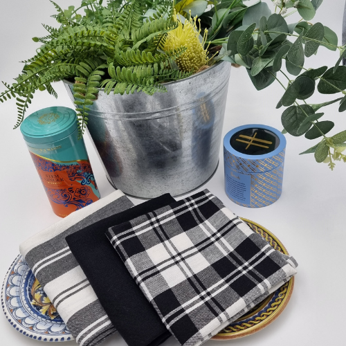 RANS Madrid Stripe & Check Tea Towels | 3 piece set | Black