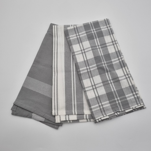 RANS Madrid Stripe & Check Tea Towels | 3 piece set | Grey