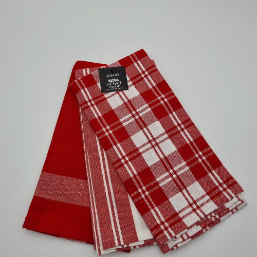 RANS Madrid Stripe & Check Tea Towels | 3 piece set | Red