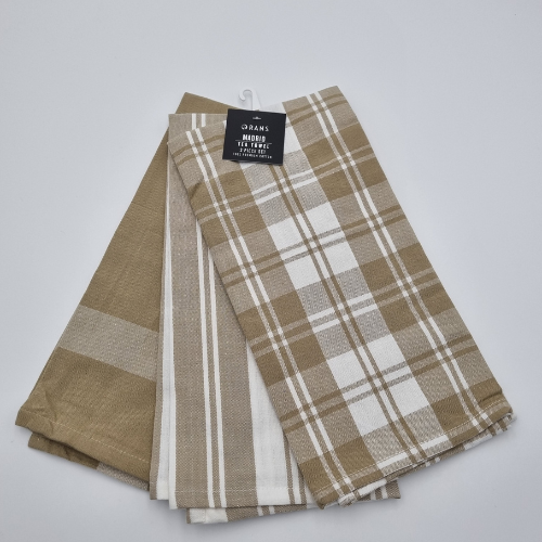 RANS Madrid Stripe & Check Tea Towels | 3 piece set | Taupe