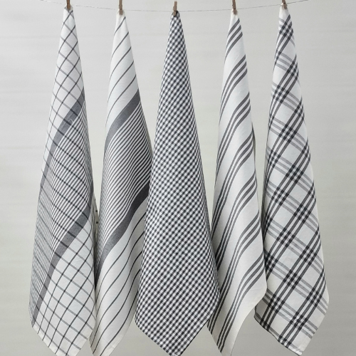 RANS Milan Tea Towels Check & Stripe Designs | 5 Piece Sets | CHARCOAL