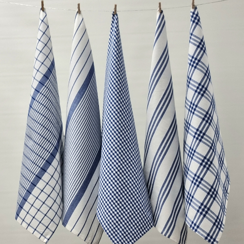 RANS Milan Tea Towels Check & Stripe Designs | 5 Piece Sets | COBALT BLUE
