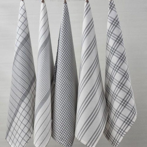 RANS Milan Tea Towels Check & Stripe Designs | 5 Piece Sets | GREY