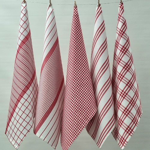 RANS Milan Tea Towels Check & Stripe Designs | 5 Piece Sets | RED