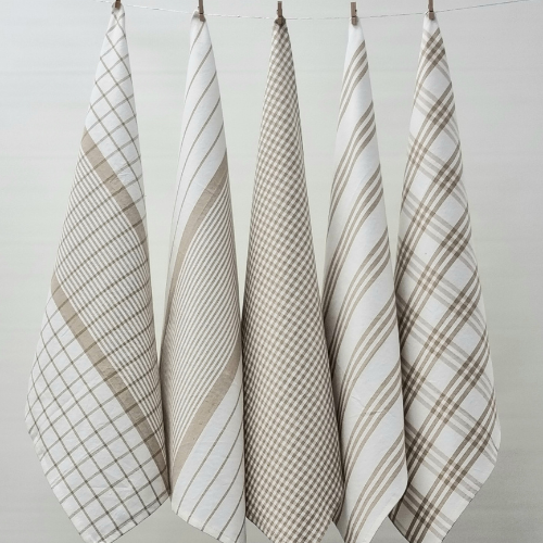 Rans Milan Tea Towels Check & Stripe Designs | 5 Piece Sets | TAUPE
