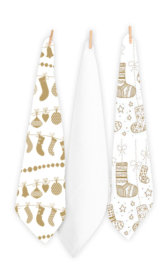 Christmas Santa Socks Tea Towels - Set Of 3.
