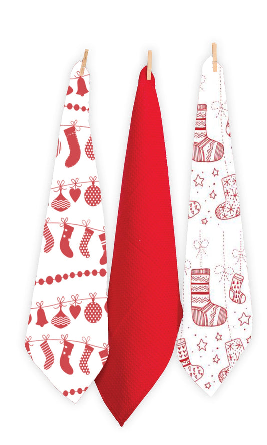 Christmas Santa Socks Tea Towels - Set Of 3.